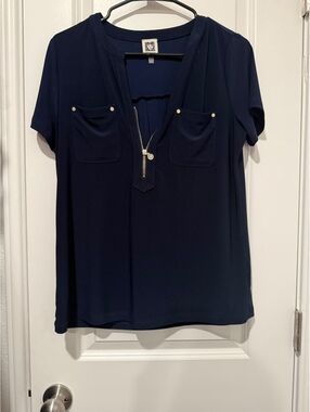 Anne Klein Women's Navy Blue Short Sleeve Blouse with Front Zipper and Pockets,